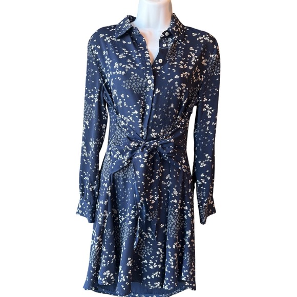 1 STATE Tie Front Long Sleeve Dress Navy Blue Floral Size Small‎ - Picture 1 of 6